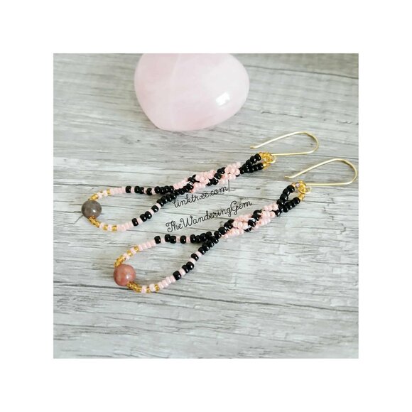 BOGO EARRINGS Rhodonite Gemstone Spiral Beaded Dangle Earrings, Pink & Black - Picture 5 of 9
